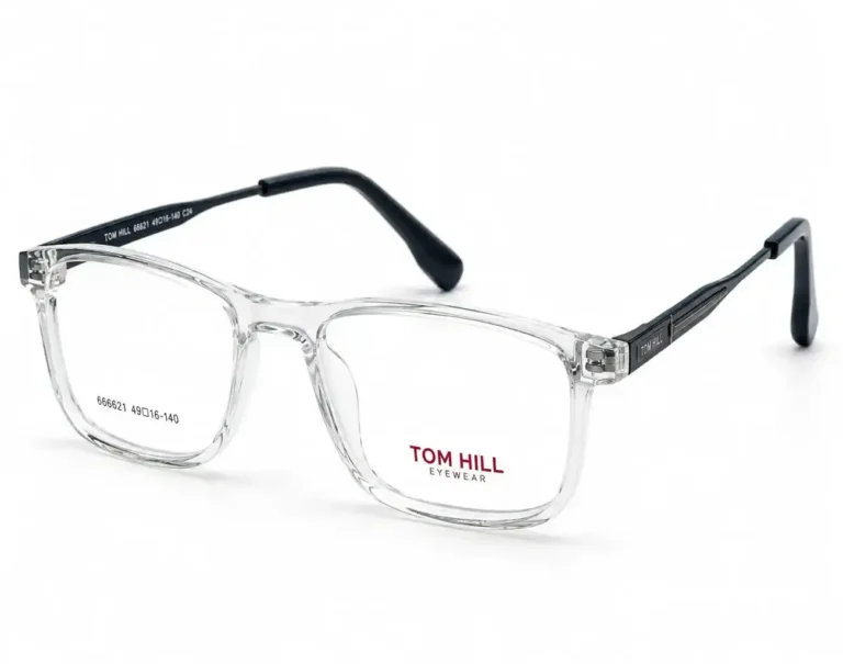 Optical EV2K-0149 Classic Rectangle Full Rim Eyeglasses in Crystal Clear with transparent front and dark navy metal temples