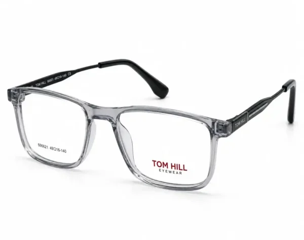 Optical EV2K-0149 Classic Rectangle Full Rim Eyeglasses in Crystal Grey with translucent smoky front and black metal temples