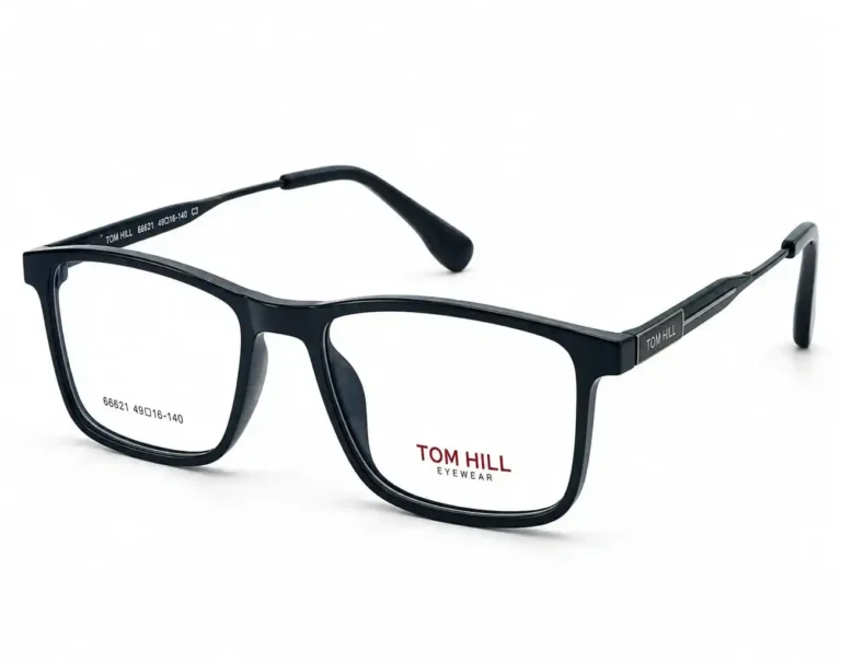Optical EV2K-0149 Classic Rectangle Full Rim Eyeglasses in Glossy Black with shiny acetate front and slim metal temples