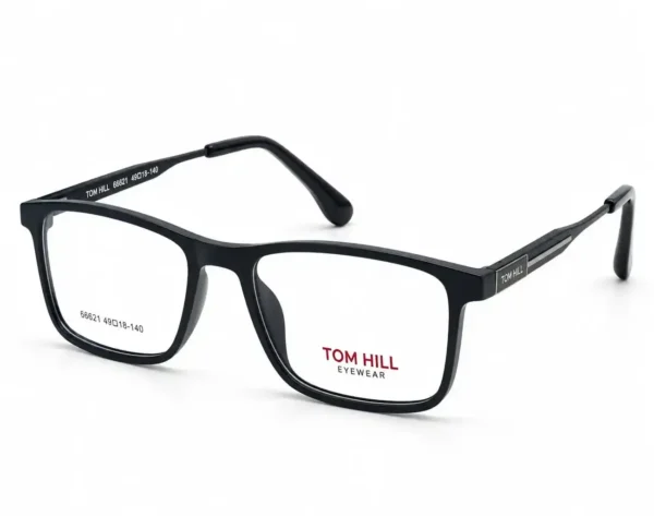 Optical EV2K-0149 Classic Rectangle Full Rim Eyeglasses in Matte Black with soft-finish front and striped silver hinge plate