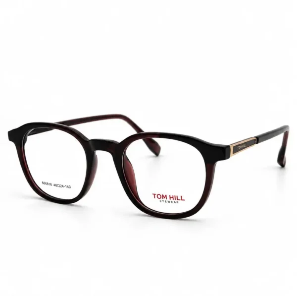 Optical EV2K-0150 Classic Round Full Rim Eyeglasses in Burgundy Black with dark wine front and gold hinge plate