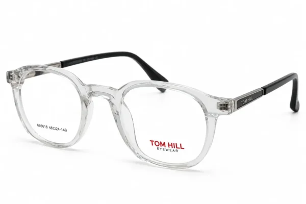Optical EV2K-0150 Classic Round Full Rim Eyeglasses in Crystal Clear with transparent front and black temples with silver hinge plate