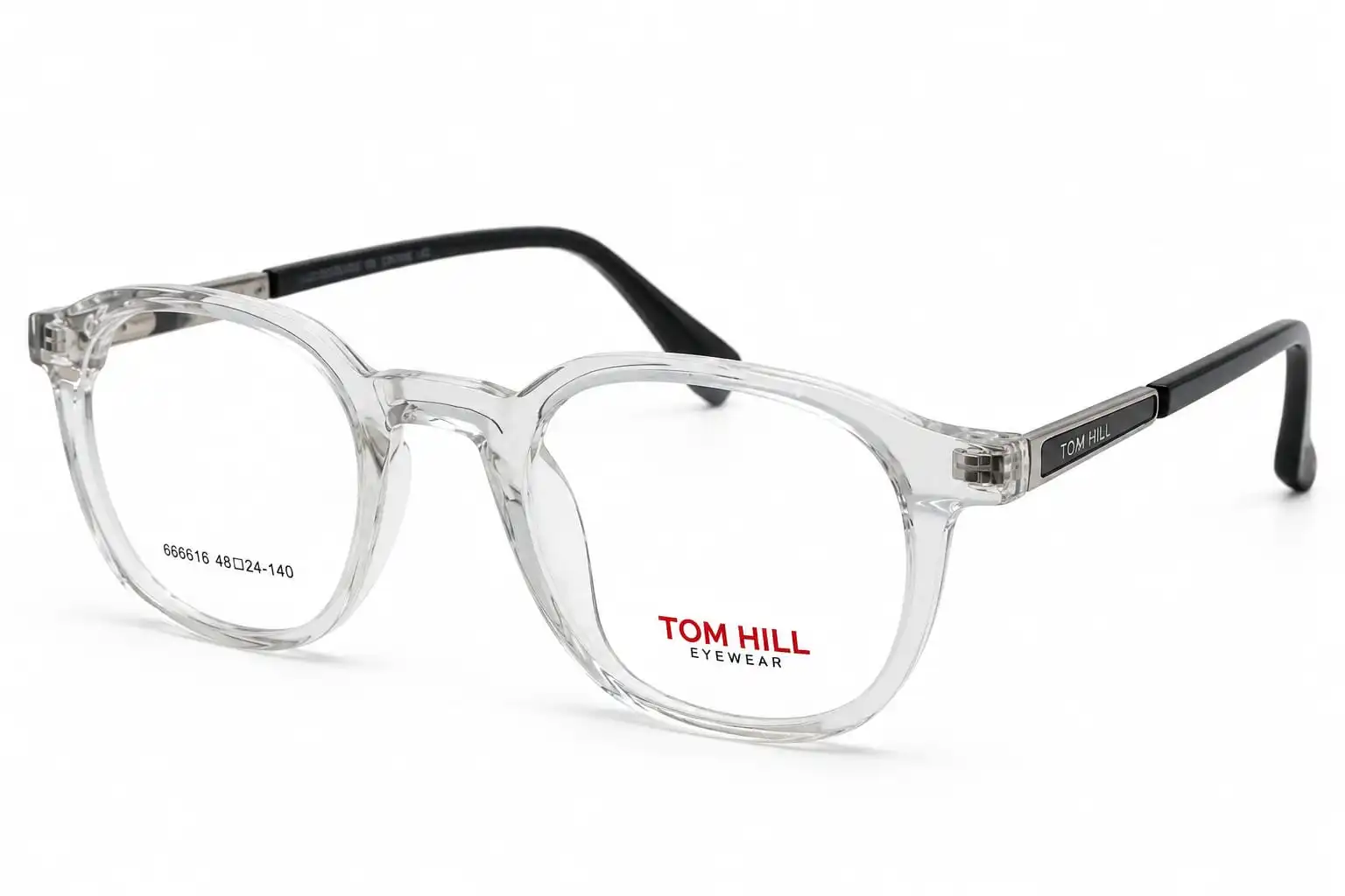 optical-ev2k-0150-crystal-clear-round-eyeglasses Optical EV2K-0150 Classic Round Full Rim Eyeglasses in Crystal Clear with transparent front and black temples with silver hinge plate
