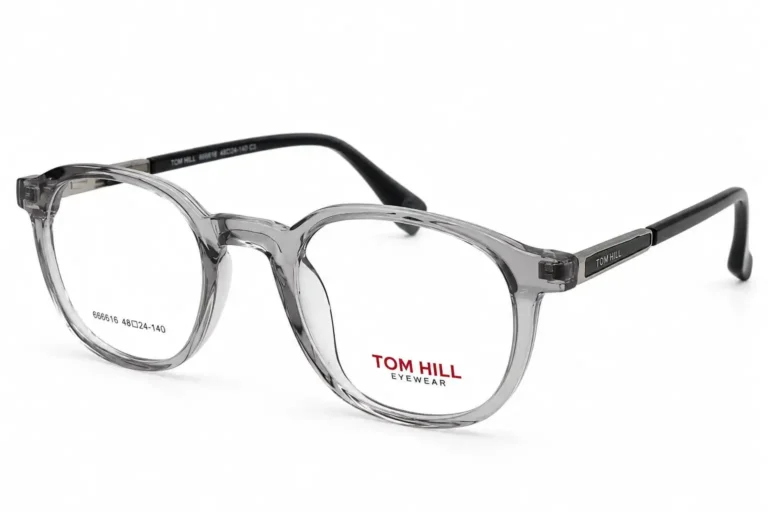 Optical EV2K-0150 Classic Round Full Rim Eyeglasses in Crystal Grey with translucent smoky front and black temples
