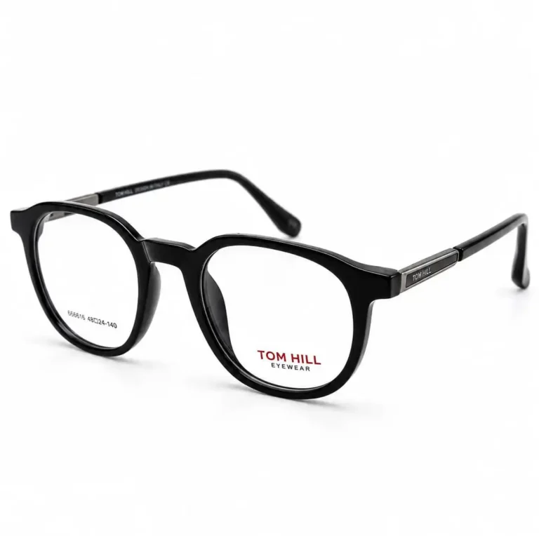 Optical EV2K-0150 Classic Round Full Rim Eyeglasses in Glossy Black with shiny acetate front and silver hinge plate