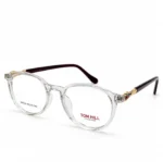 Optical EV2K-0151 Elegant Round Full Rim Eyeglasses in Crystal Clear with burgundy temples and gold hinge detail