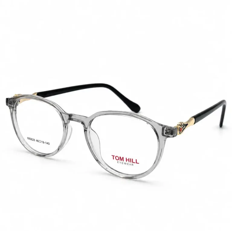 Optical EV2K-0151 Elegant Round Full Rim Eyeglasses in Crystal Grey with black temples and gold hinge detail