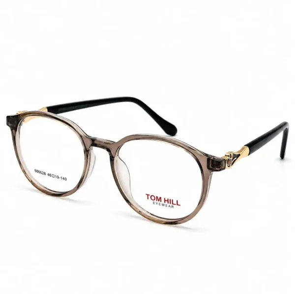 Optical EV2K-0151 Elegant Round Full Rim Eyeglasses in Crystal Smoky Brown with translucent front and gold hinge accent