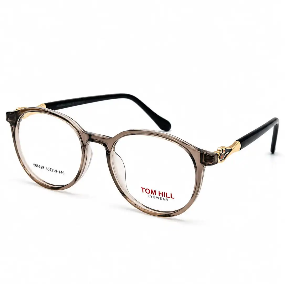 optical-ev2k-0151-crystal-smoky-brown-round-eyeglasses Optical EV2K-0151 Elegant Round Full Rim Eyeglasses in Crystal Smoky Brown with translucent front and gold hinge accent