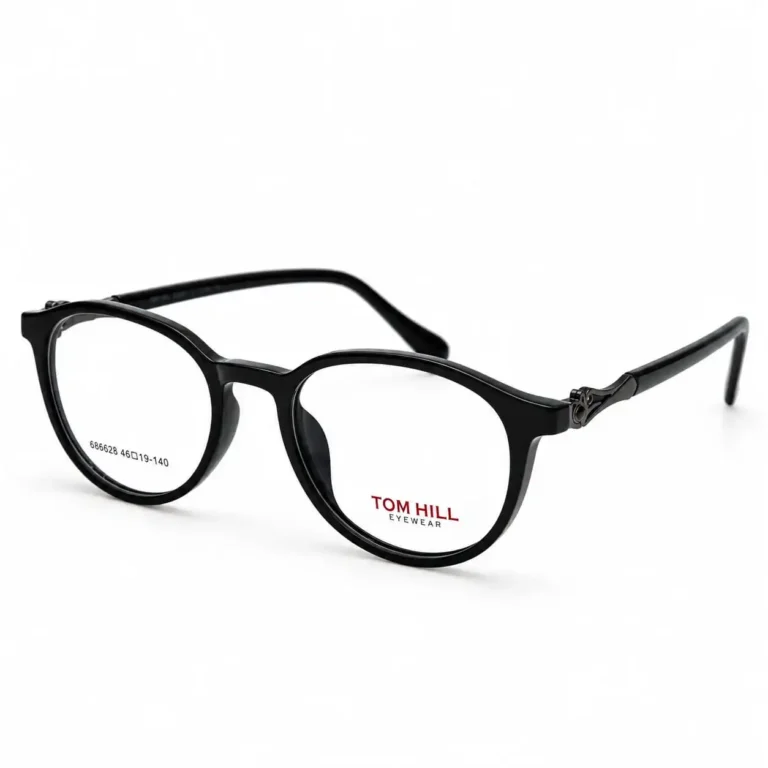 Optical EV2K-0151 Elegant Round Full Rim Eyeglasses in Glossy Black with shiny acetate front and decorative gunmetal hinge
