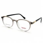 Optical EV2K-0151 Elegant Round Full Rim Eyeglasses in Smoky Grey Clear Gradient with gold hinge detail and black temples