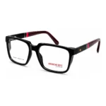 American Boyz black rectangular eyeglasses with burgundy temples and red accents