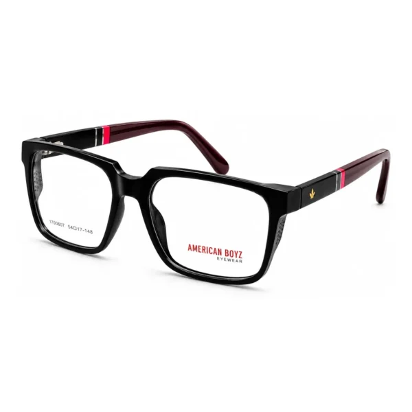 American Boyz black rectangular eyeglasses with burgundy temples and red accents