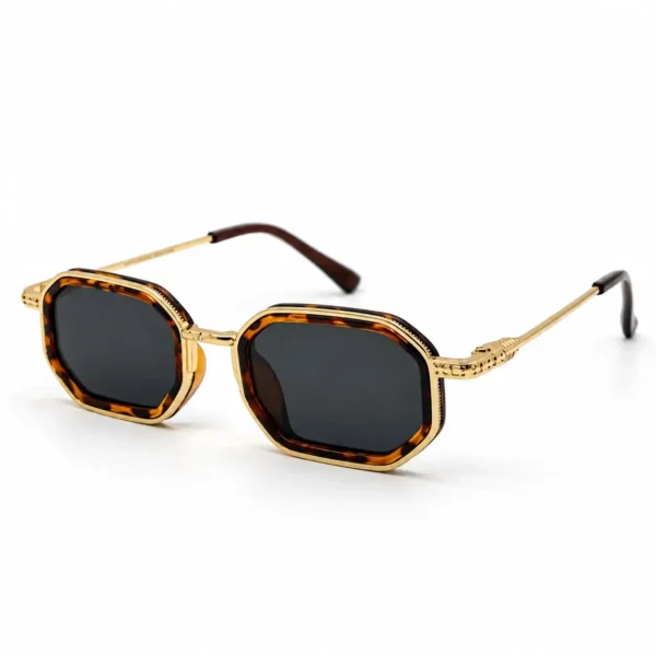 Sunglass 2600752 Retro Octagon Metal Sunglasses for Men and Women in Gold with Tortoise Brown Rims and Engraved Gold Hinges