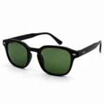 Sunglass EV2K-0038 Classic Square Sunglasses in Glossy Black, black frame with dark green tinted lenses, silver rivet studs at the outer corners and a double-dot rivet detail on the temples