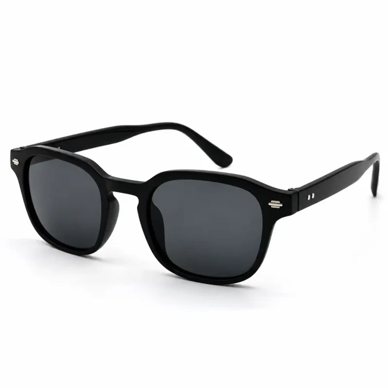 Sunglass EV2K-0038 Classic Square Sunglasses in Matte Black, matte black frame with dark grey tinted lenses, silver rivet studs at the outer corners and a double-dot rivet detail on the temples