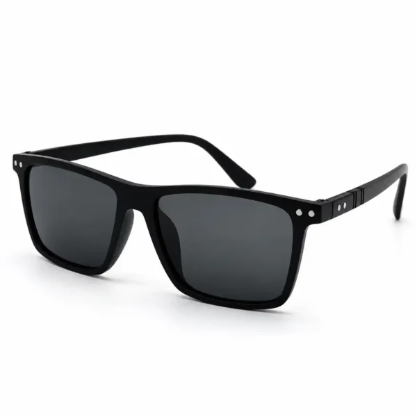 Sunglass EV2K-0039 Sleek Rectangle Sunglasses in Matte Black, matte black frame with dark grey tinted lenses, twin silver rivet studs at each outer corner and ribbed temple detailing with a double-dot rivet