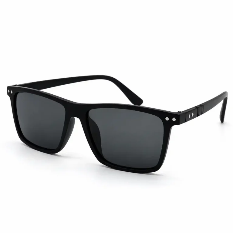 Sunglass EV2K-0039 Sleek Rectangle Sunglasses in Matte Black, matte black frame with dark grey tinted lenses, twin silver rivet studs at each outer corner and ribbed temple detailing with a double-dot rivet