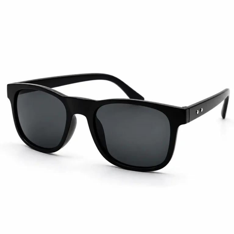 Sunglass EV2K-0040 Classic Square Sunglasses in Glossy Black, glossy black frame with dark grey tinted lenses, a keyhole bridge and a double-dot silver rivet on each temple