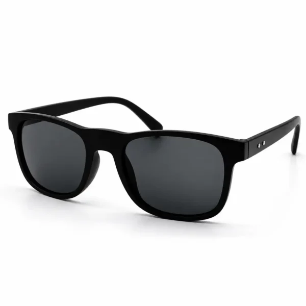 Sunglass EV2K-0040 Classic Square Sunglasses in Matte Black, matte black frame with dark grey tinted lenses, a keyhole bridge and a double-dot silver rivet on each temple
