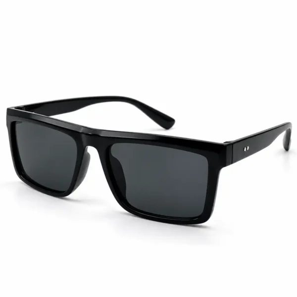 Sunglass EV2K-0043 Sleek Rectangle Sunglasses for Men in Glossy Black with flat top bar, dark grey tinted lenses and twin silver rivet studs on the temples