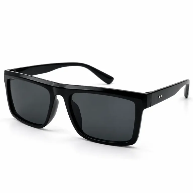 Sunglass EV2K-0043 Sleek Rectangle Sunglasses for Men in Glossy Black with flat top bar, dark grey tinted lenses and twin silver rivet studs on the temples