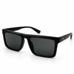 Sunglass EV2K-0043 Sleek Rectangle Sunglasses for Men in Matte Black with flat top bar, dark grey tinted lenses and twin silver rivet studs on the temples
