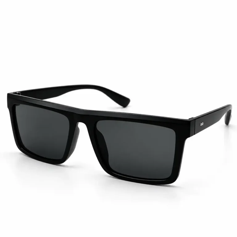 Sunglass EV2K-0043 Sleek Rectangle Sunglasses for Men in Matte Black with flat top bar, dark grey tinted lenses and twin silver rivet studs on the temples