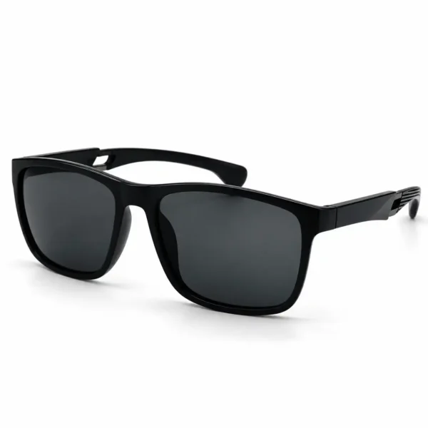 Sunglass EV2K-0046 Sporty Square Sunglasses in Glossy Black with grey tinted lenses, ribbed temple vents and flexible temple tips