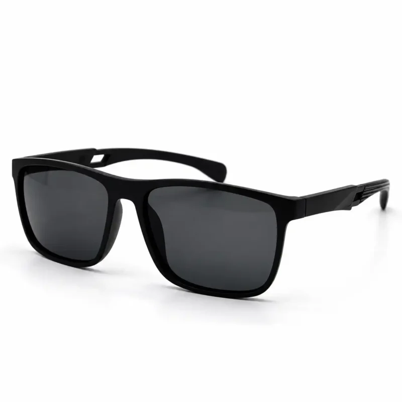 Sunglass EV2K-0046 Sporty Square Sunglasses in Matte Black with grey tinted lenses, ribbed temple vents and flexible temple tips