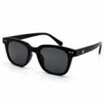 Sunglass EV2K-0047 Classic Soft Square Sunglasses in Glossy Black with grey tinted lenses, double-dot silver rivets and Eye Valley V emblem on the temple
