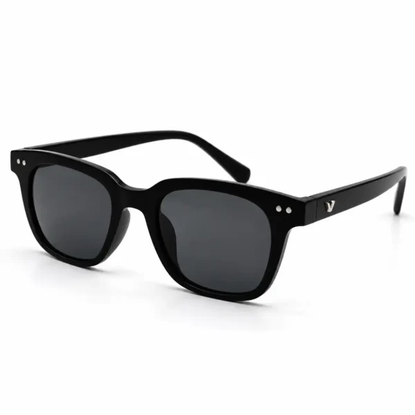 Sunglass EV2K-0047 Classic Soft Square Sunglasses in Glossy Black with grey tinted lenses, double-dot silver rivets and Eye Valley V emblem on the temple