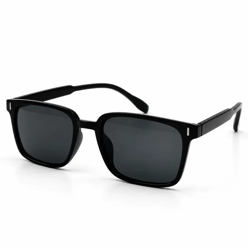 Sunglass EV2K-0048 Modern Square Sunglasses in Glossy Black with grey tinted lenses, slim top bridge and small silver bar accents at the front corners