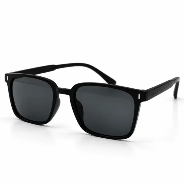 Sunglass EV2K-0048 Modern Square Sunglasses in Matte Black with grey tinted lenses, slim top bridge and small silver bar accents at the front corners
