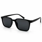 Sunglass EV2K-0049 Minimal Square Sunglasses in Glossy Black with grey tinted lenses, clean frame front and slim temples