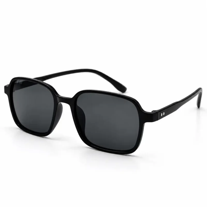 Sunglass EV2K-0051 Retro Rounded Square Sunglasses in Glossy Black with grey tinted lenses and twin silver rivets on the temples