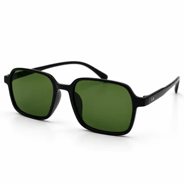 Sunglass EV2K-0051 Retro Rounded Square Sunglasses in Matte Black with green tinted lenses and twin silver rivets on the temples