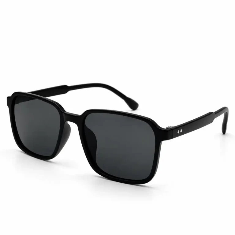 Sunglass EV2K-0052 Modern Square Sunglasses in Glossy Black with grey tinted lenses, softened corners and twin silver rivets on the temples
