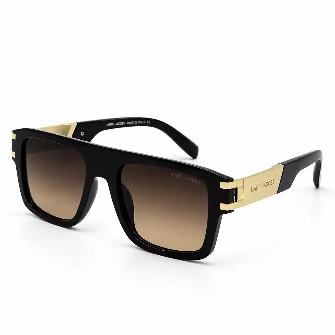sunglass-mj1004-glossy-black-gold-brown-gradient-flat-top-sunglasses Sunglass MJ1004 bold flat top sunglasses in glossy black with gold temple plates and brown gradient lenses, angled side view