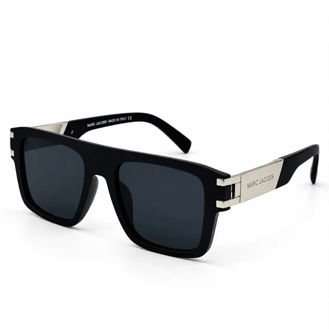 sunglass-mj1004-matte-black-silver-flat-top-sunglasses Bold flat top sunglasses in matte black with silver metal temple plates, dark grey lenses and a hinged side detail
