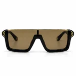 Front View of Sunglass SPP14753 Bold Flat Top Sunglasses in Glossy Black with Gold Brow Bar and Brown Tinted Lens