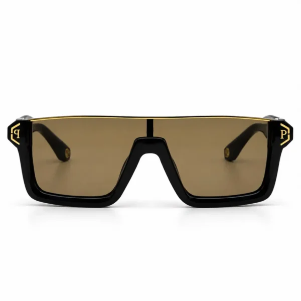 Front View of Sunglass SPP14753 Bold Flat Top Sunglasses in Glossy Black with Gold Brow Bar and Brown Tinted Lens