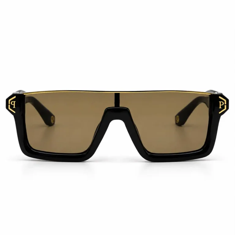 Front View of Sunglass SPP14753 Bold Flat Top Sunglasses in Glossy Black with Gold Brow Bar and Brown Tinted Lens