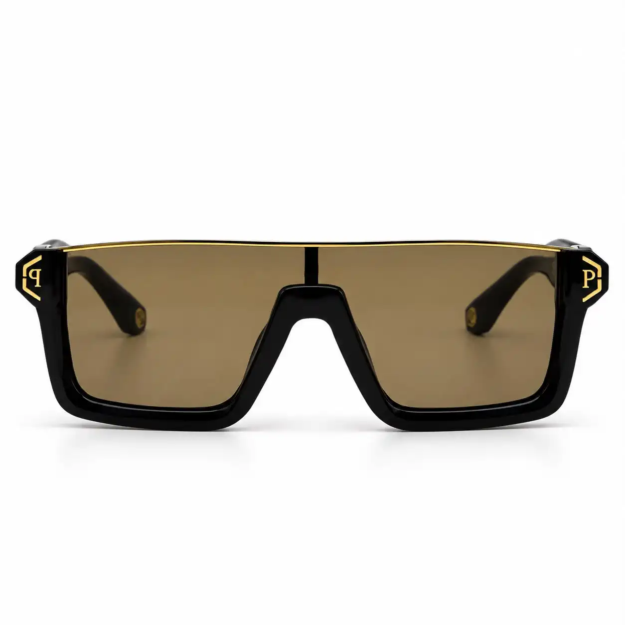 sunglass-spp14753-glossy-black-gold-brown-lens-flat-top-sunglasses Front View of Sunglass SPP14753 Bold Flat Top Sunglasses in Glossy Black with Gold Brow Bar and Brown Tinted Lens