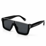 Sunglass SPP14753 Bold Flat Top Sunglasses for Men in Glossy Black with Gold Brow Bar and Grey Tinted Lens