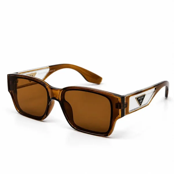 Retro square sunglasses in translucent crystal brown with warm brown lenses and clear triangle cut-out temple panels