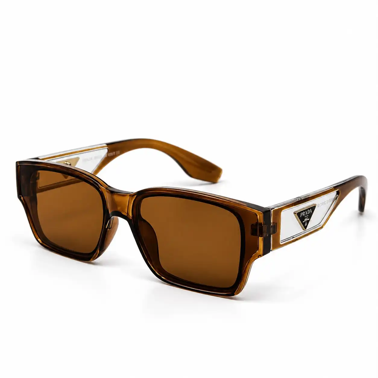 sunglass-spr0898s-crystal-brown-square-sunglasses Retro square sunglasses in translucent crystal brown with warm brown lenses and clear triangle cut-out temple panels