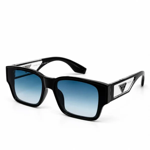 Trendy square sunglasses with a glossy black frame, blue to light fade gradient lenses and wide clear triangle cut-out temples