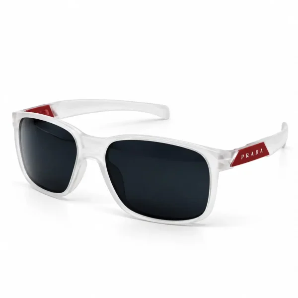 Sunglass SPS11FC-161 Sporty Rectangle Sunglasses for Men in Frosted Clear with Red Temple Accents and Dark Tinted Lenses